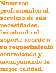 Nuestros profesionales al servicio de sus necesidades, brindando el soporte acorde a su requerimiento controlando y acompañando la mejor calidad.